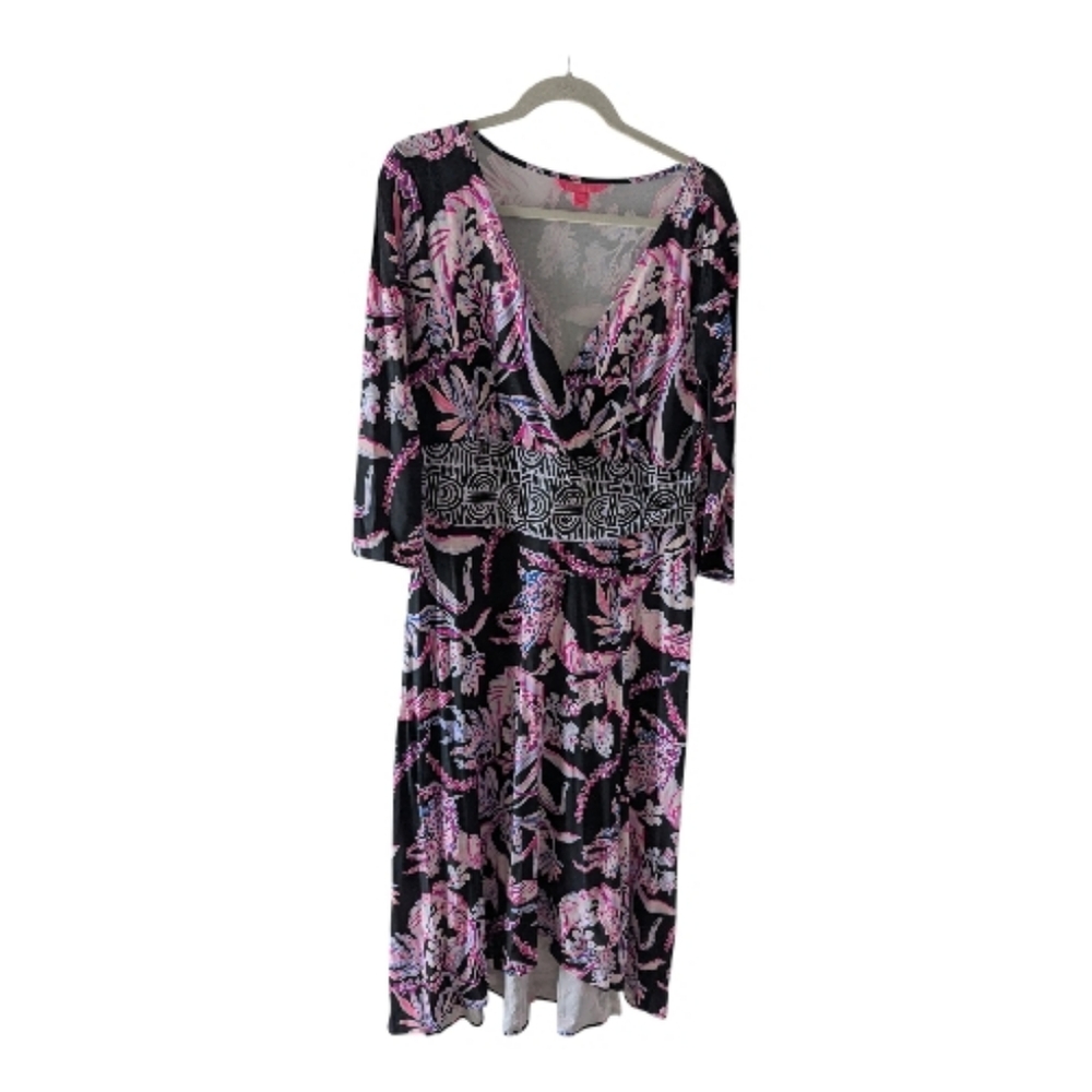 Lilly Pulitzer Black Midi Dress with Pink & White Floral Print Flueris Midi Oynx - Picture 3 of 6